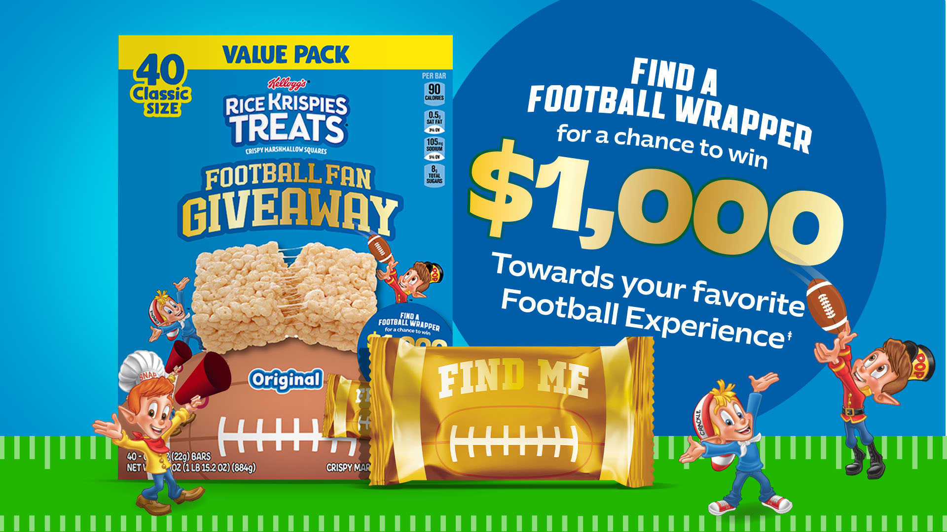 Rice Krispies Treats Crispy Marshmallow squares, find a football wrapper for a chance to win.